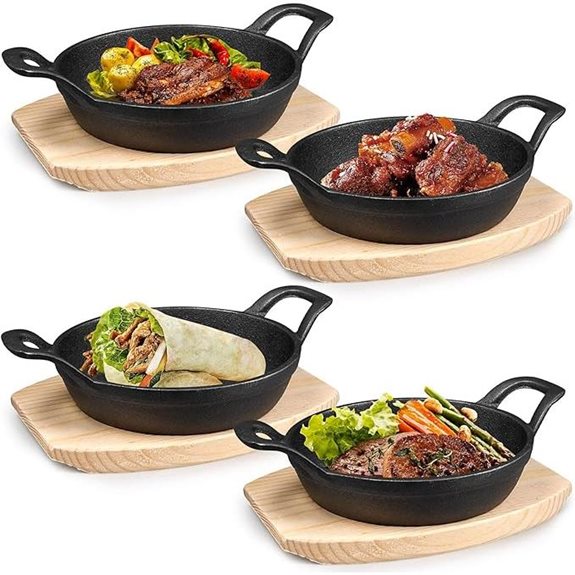 4-teiliges Mini-Gusseisen-Pfannenset mit Holzbasis